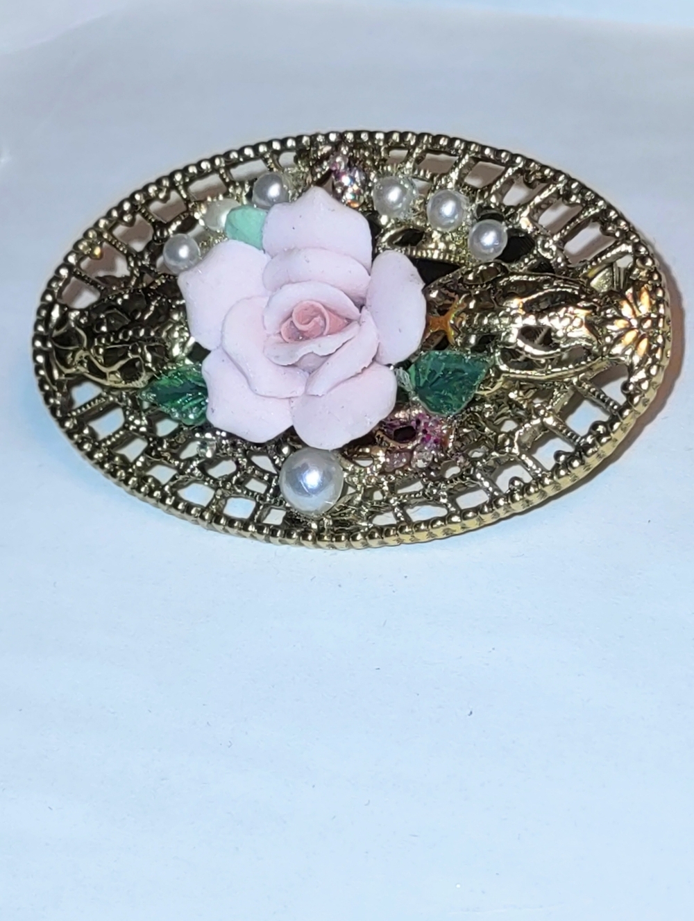 1928 Pink Porcelain Flower Brooch Bar pin Style w/ AB  Crystals & Pearls